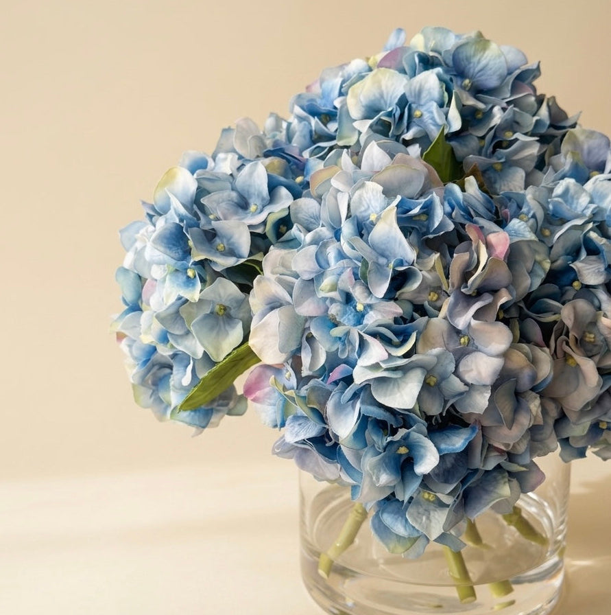 Blue Hydrangea in Clear Cylinder Vase (Real-touch, Faux, Resin Set