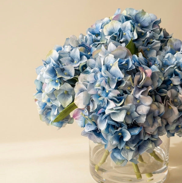 Blue Hydrangea in Clear Cylinder Vase (Real-touch, Faux, Resin Set